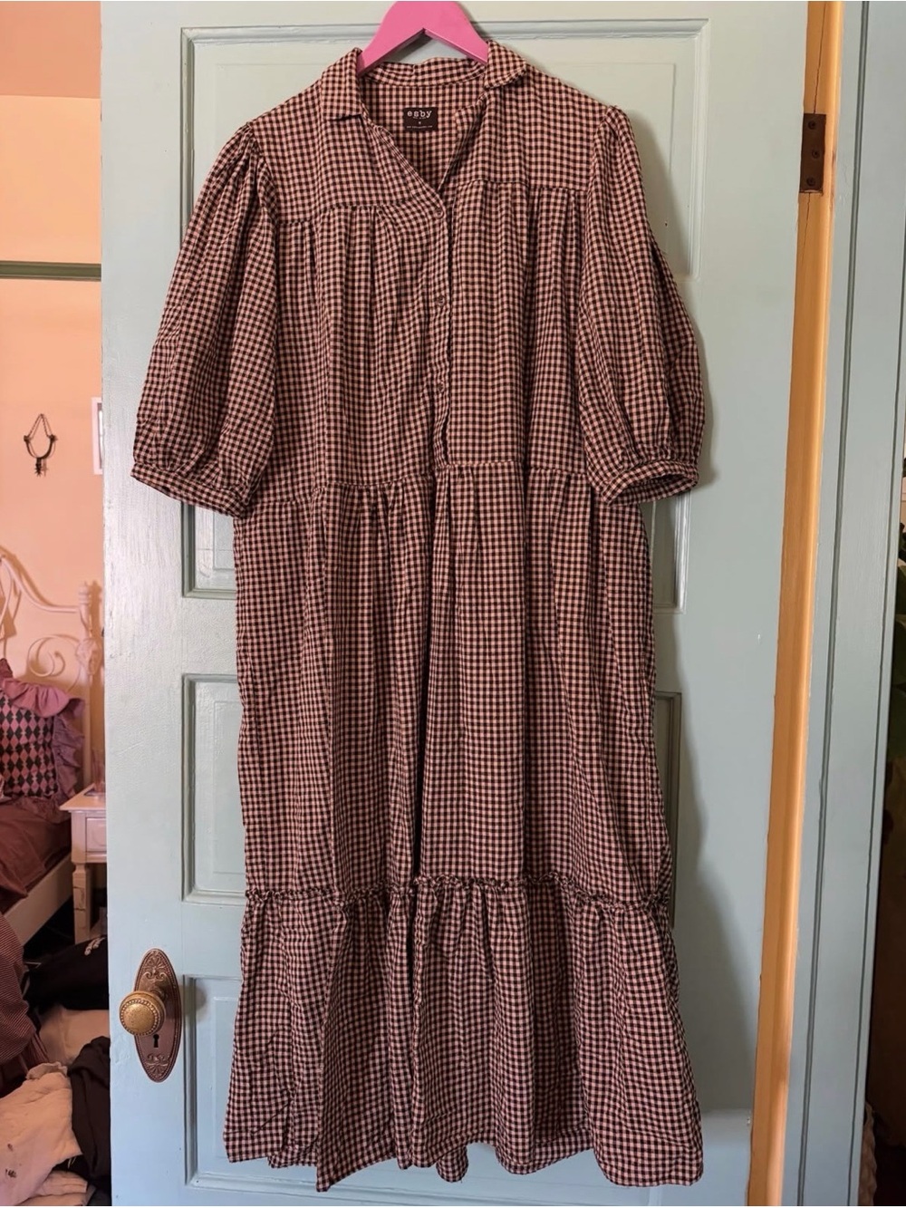 esby Brown and Cream Gingham Maxi Dress